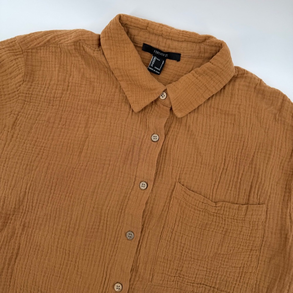 Forever 21 Cropped Gauze Shirt Caramel Brown Button Up Short Sleeve Top Large